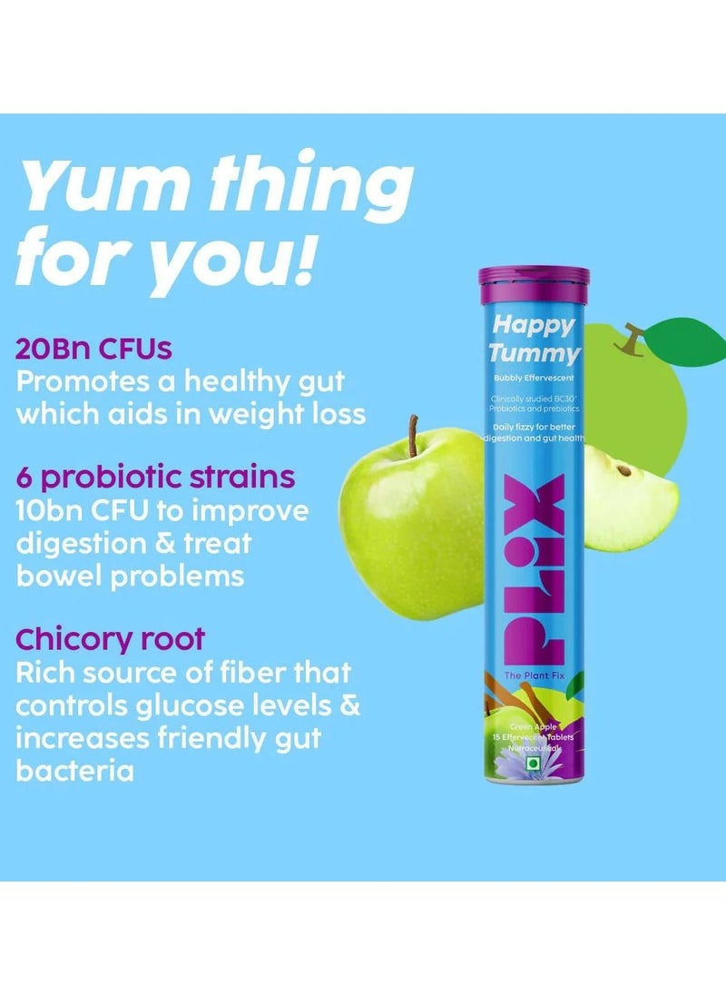 PLIX THE PLANT FIX - The Plant Fix Happy Tummy Pre+Probiotic Effervescent Tablets Green Apple 15 Tabs - Image 1