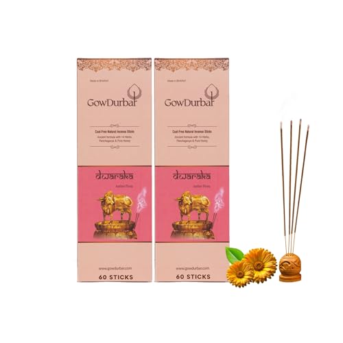 GOW DURBAR GowDurbar Consecrated Agarbatti Dwaraka Amber 45g (Pack of 2) | Organic Incense Sticks with Panchagavya & Herbs | Warm Amber Aroma | for Pooja, Yoga & Meditation - Image 1