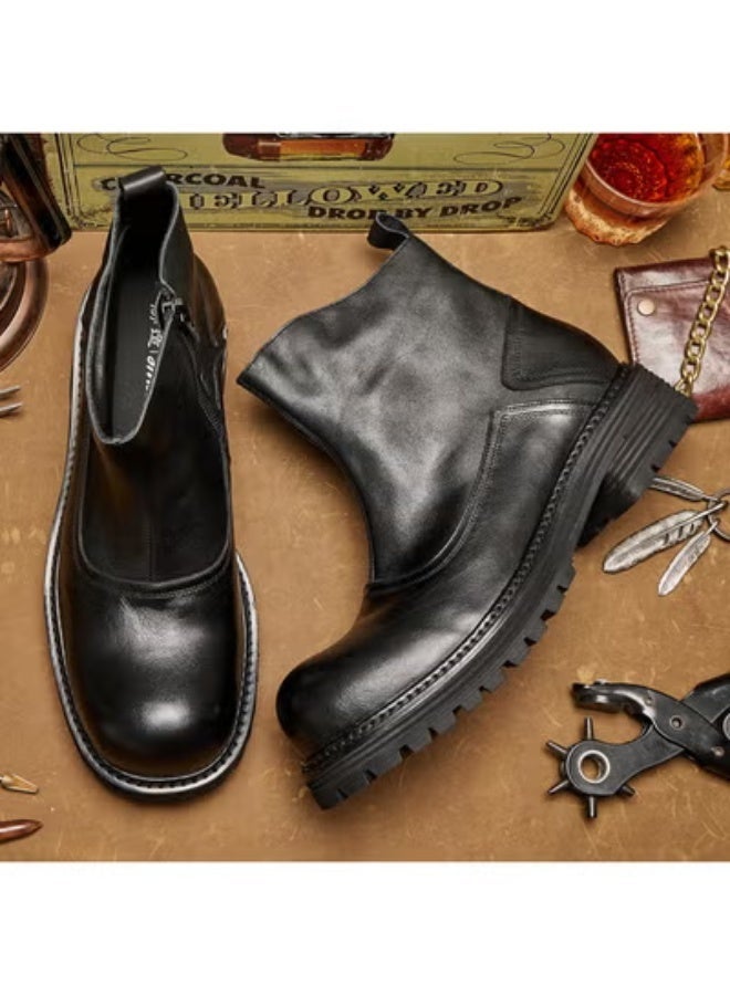 Chelsea Boots, British Style Leather Boots, High Top Versatile Short Boots, Trendy Thick Soled Fashion Round Toe Retro Boots - Image 4