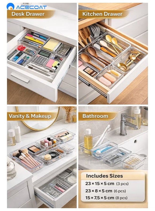 ACECOAT 25 Pcs Clear Plastic Drawer Organizer Tray Set, Drawer Dividers Storage Bins, Non-Slip & Stackable Clear Organizers For Bathroom, Vanity, Makeup, Kitchen & Office Drawers, 4 Sizes With 100 Silicone Pads - Image 4