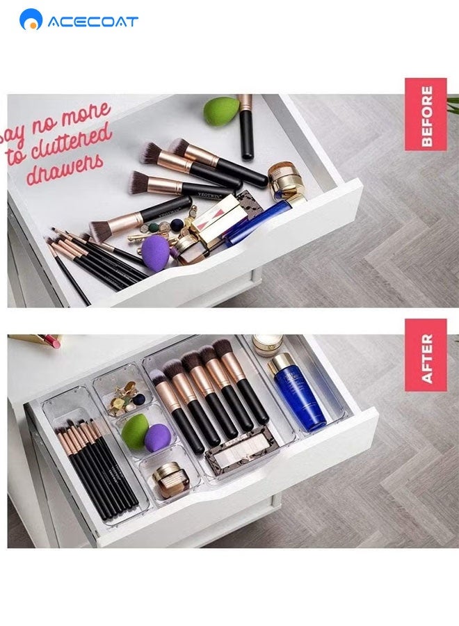ACECOAT 25 Pcs Clear Plastic Drawer Organizer Tray Set, Drawer Dividers Storage Bins, Non-Slip & Stackable Clear Organizers For Bathroom, Vanity, Makeup, Kitchen & Office Drawers, 4 Sizes With 100 Silicone Pads - Image 5