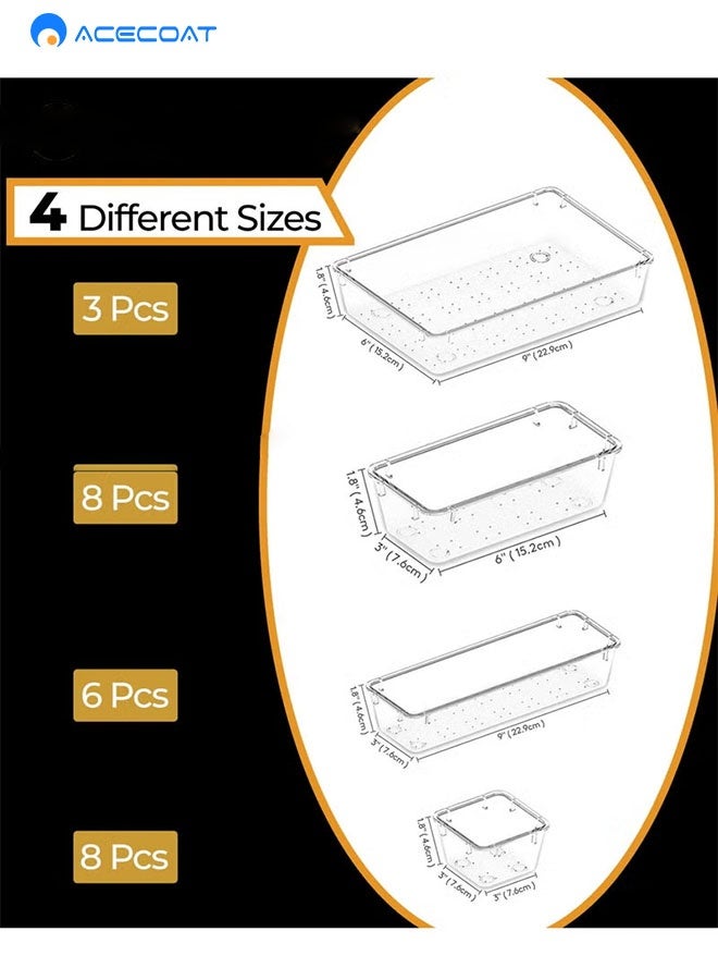 ACECOAT 25 Pcs Clear Plastic Drawer Organizer Tray Set, Drawer Dividers Storage Bins, Non-Slip & Stackable Clear Organizers For Bathroom, Vanity, Makeup, Kitchen & Office Drawers, 4 Sizes With 100 Silicone Pads - Image 3