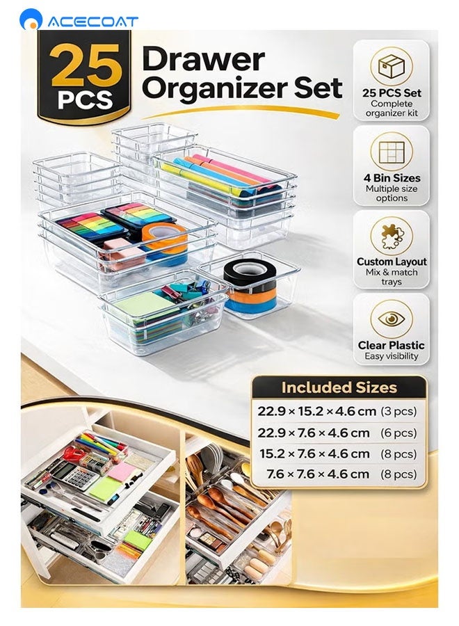 ACECOAT 25 Pcs Clear Plastic Drawer Organizer Tray Set, Drawer Dividers Storage Bins, Non-Slip & Stackable Clear Organizers For Bathroom, Vanity, Makeup, Kitchen & Office Drawers, 4 Sizes With 100 Silicone Pads - Image 2