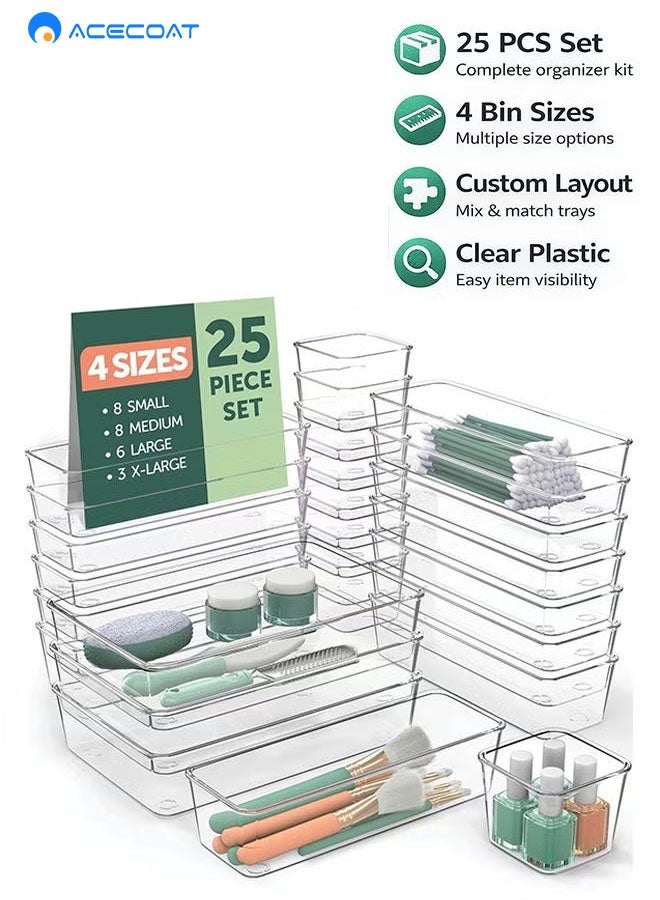 ACECOAT 25 Pcs Clear Plastic Drawer Organizer Tray Set, Drawer Dividers Storage Bins, Non-Slip & Stackable Clear Organizers For Bathroom, Vanity, Makeup, Kitchen & Office Drawers, 4 Sizes With 100 Silicone Pads - Image 1