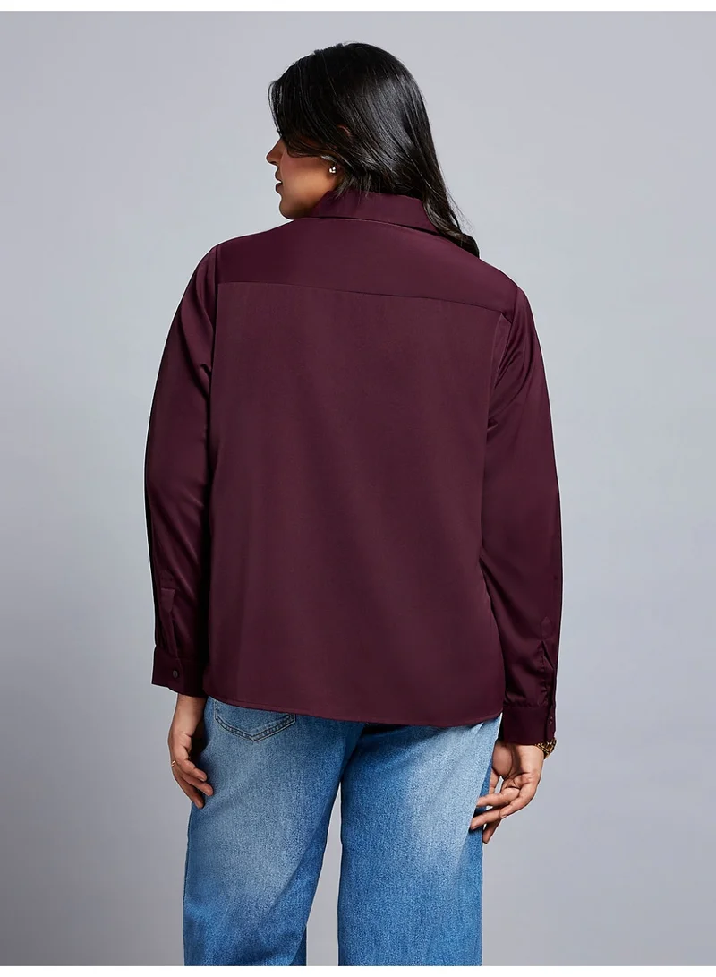 جلو باص بلوزة نسائية جلوبلس كولار بأكمام مكبلة مقاس بلس للمكتب