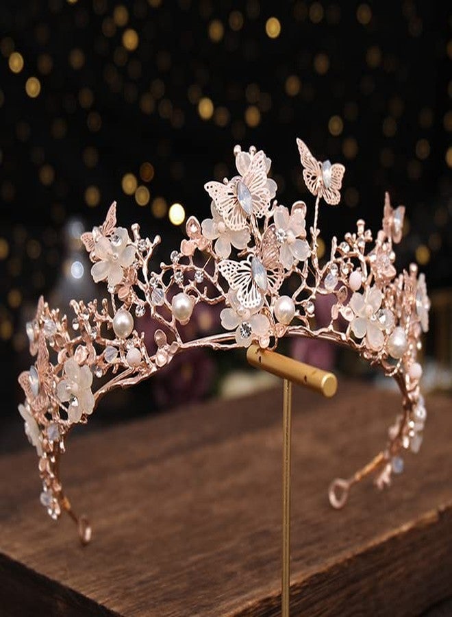 Koolouispoper Crystal Beads Pearl Butterfly Costume Jewelry Sets Floral Rhinestone Choker Necklace Earrings Tiara Wedding Jewelry Set (ROSE GOLD CROWN) - Image 2