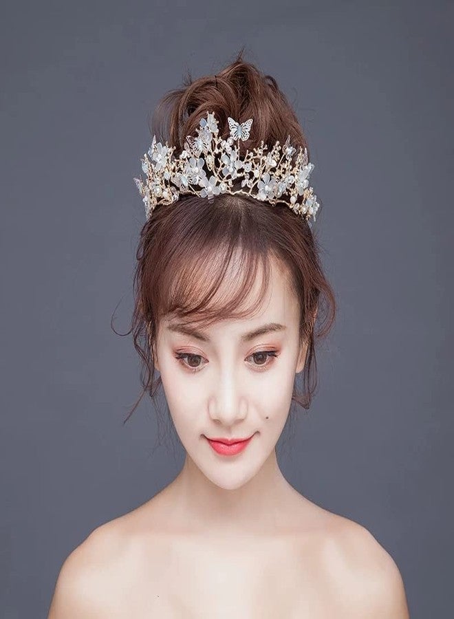 Koolouispoper Crystal Beads Pearl Butterfly Costume Jewelry Sets Floral Rhinestone Choker Necklace Earrings Tiara Wedding Jewelry Set (ROSE GOLD CROWN) - Image 3