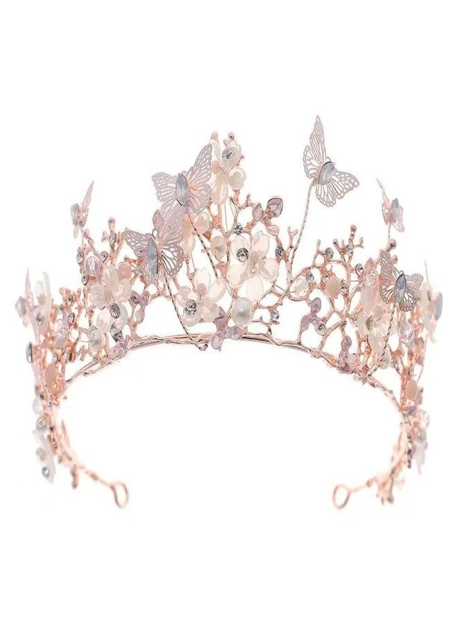 Koolouispoper Crystal Beads Pearl Butterfly Costume Jewelry Sets Floral Rhinestone Choker Necklace Earrings Tiara Wedding Jewelry Set (ROSE GOLD CROWN) - Image 1