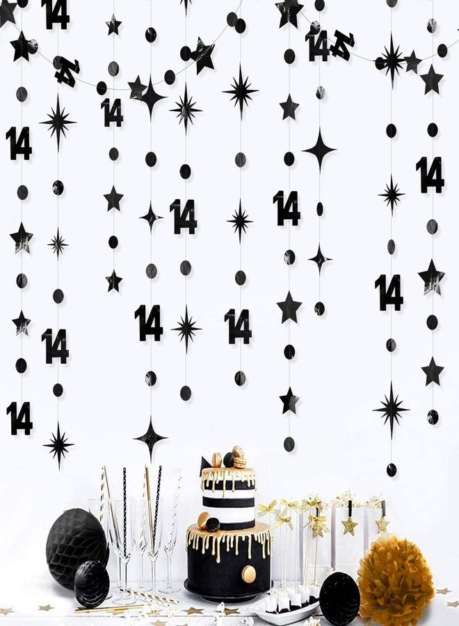pinkblume Black 14th Birthday Decorations Number 14 Circle Dot Star Garland Metallic Hanging Streamer Banner Backdrop for Girls Boys Happy 14 Years Old Fabulous Birthday Fourteen Anniversary Party Supplies - Image 1