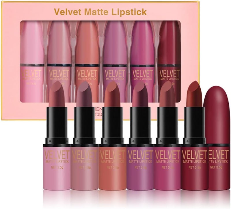6 Pcs Matte Lipstick Set Rose Rosewood Nude Red Pink Coral 24 Hour Longlasting Silky Moisturizing Lipstick Gift Set
