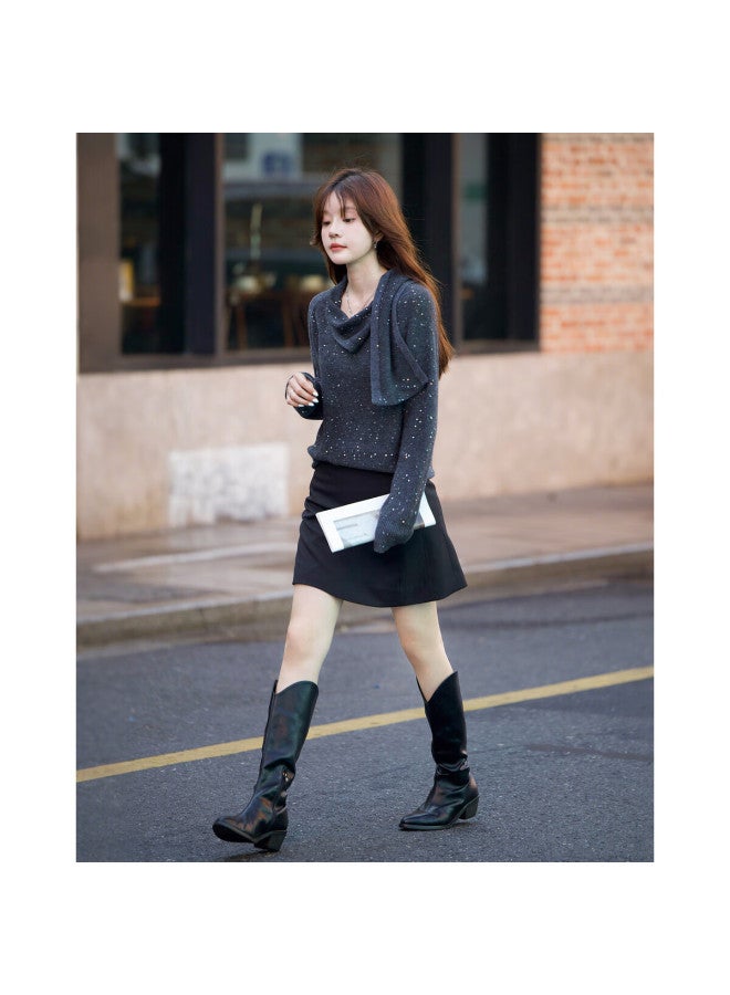 Mt Elegant Everyday Winter Sequin Scarf Collar Sweater Comfortable Wool Blend Knit Top For Women - Image 2