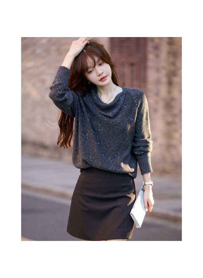 Mt Elegant Everyday Winter Sequin Scarf Collar Sweater Comfortable Wool Blend Knit Top For Women - Image 1