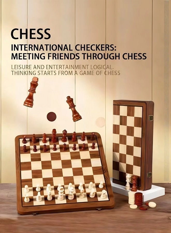 Chess Set 15-inch Magnetic Wooden Chess Set Adult and Children's Board Game Foldable Wooden Chess Board with Magnetic Clasp Hand-carved Chess Pieces Comes with 24 Extra Cherkers and 2 Extra Queens Portable Gift Box Suitable for Outdoor and Travel Use - Image 2