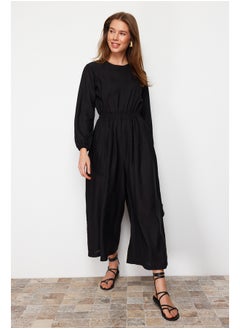 Black Crew Neck Elastic Waist Comfortable Cut Wide Leg Linen Look Jumpsuit TCTSS21TU0206