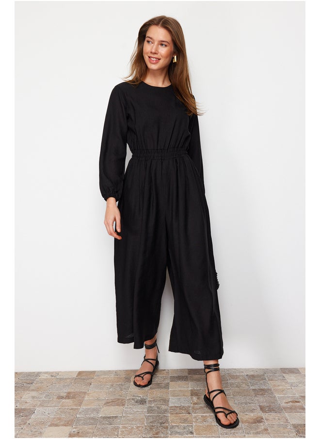 trendyol - Black Crew Neck Elastic Waist Comfortable Cut Wide Leg Linen Look Jumpsuit TCTSS21TU0206 - Image 1