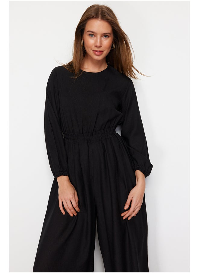 trendyol - Black Crew Neck Elastic Waist Comfortable Cut Wide Leg Linen Look Jumpsuit TCTSS21TU0206 - Image 1