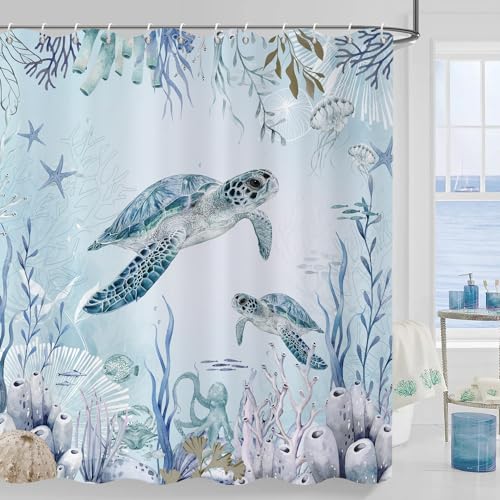 Caheansi Sea Turtle Shower Curtain, Teal Blue Ocean Beach Coastal Turtle Starfish Jellyfish Underwater Creatures Bathroom Curtain Waterproof Fabric Machine Washable with Hooks, 72" Wx72 L - Image 2