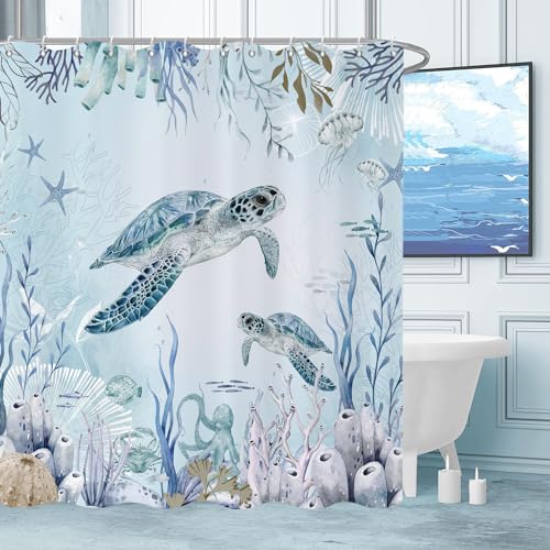 Caheansi Sea Turtle Shower Curtain, Teal Blue Ocean Beach Coastal Turtle Starfish Jellyfish Underwater Creatures Bathroom Curtain Waterproof Fabric Machine Washable with Hooks, 72" Wx72 L - Image 1