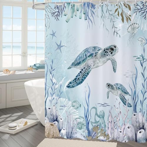 Caheansi Sea Turtle Shower Curtain, Teal Blue Ocean Beach Coastal Turtle Starfish Jellyfish Underwater Creatures Bathroom Curtain Waterproof Fabric Machine Washable with Hooks, 72" Wx72 L - Image 3
