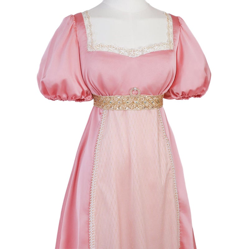 Vibsion Regency Dresses for Women Luxurious Pearls Lace Empire Waist Dress 1820s Victorian Tea Party Ball Gown Pink S - Image 4