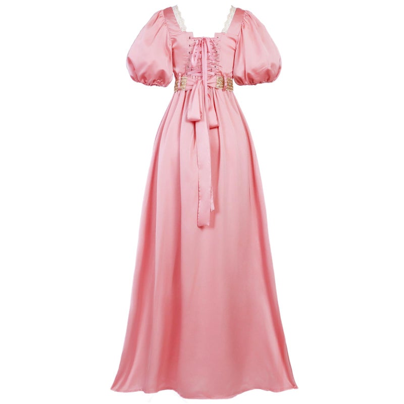 Vibsion Regency Dresses for Women Luxurious Pearls Lace Empire Waist Dress 1820s Victorian Tea Party Ball Gown Pink S - Image 3