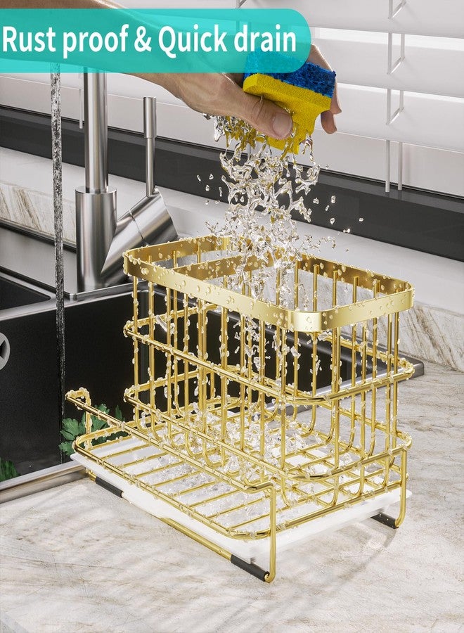 HapiRm Multifunctional Kitchen Sink Organizer with Removable Drain Tray, Quick Draining Rustproof Sink Caddy, Stainless Steel Sink Sponge Holder for Holds Sponge, Cleaning Towel and Scrubber-Golden - Image 3