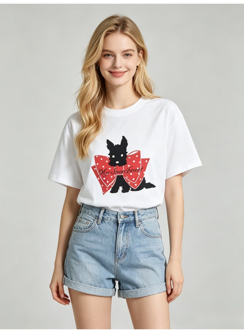 زارا ZARA Women’s White Crew Neck Short Sleeve T-Shirt with Scottie Dog & Red Polka Dot Bow Print - Image 1