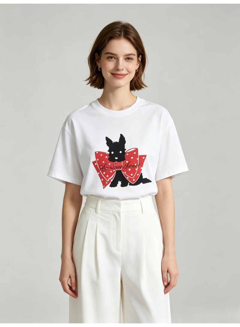 زارا ZARA Women’s White Crew Neck Short Sleeve T-Shirt with Scottie Dog & Red Polka Dot Bow Print - Image 3