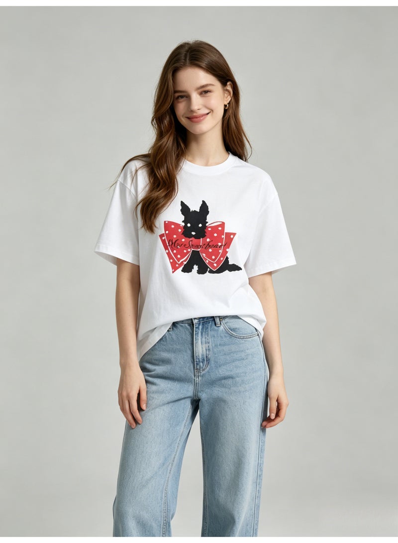 زارا ZARA Women’s White Crew Neck Short Sleeve T-Shirt with Scottie Dog & Red Polka Dot Bow Print - Image 5