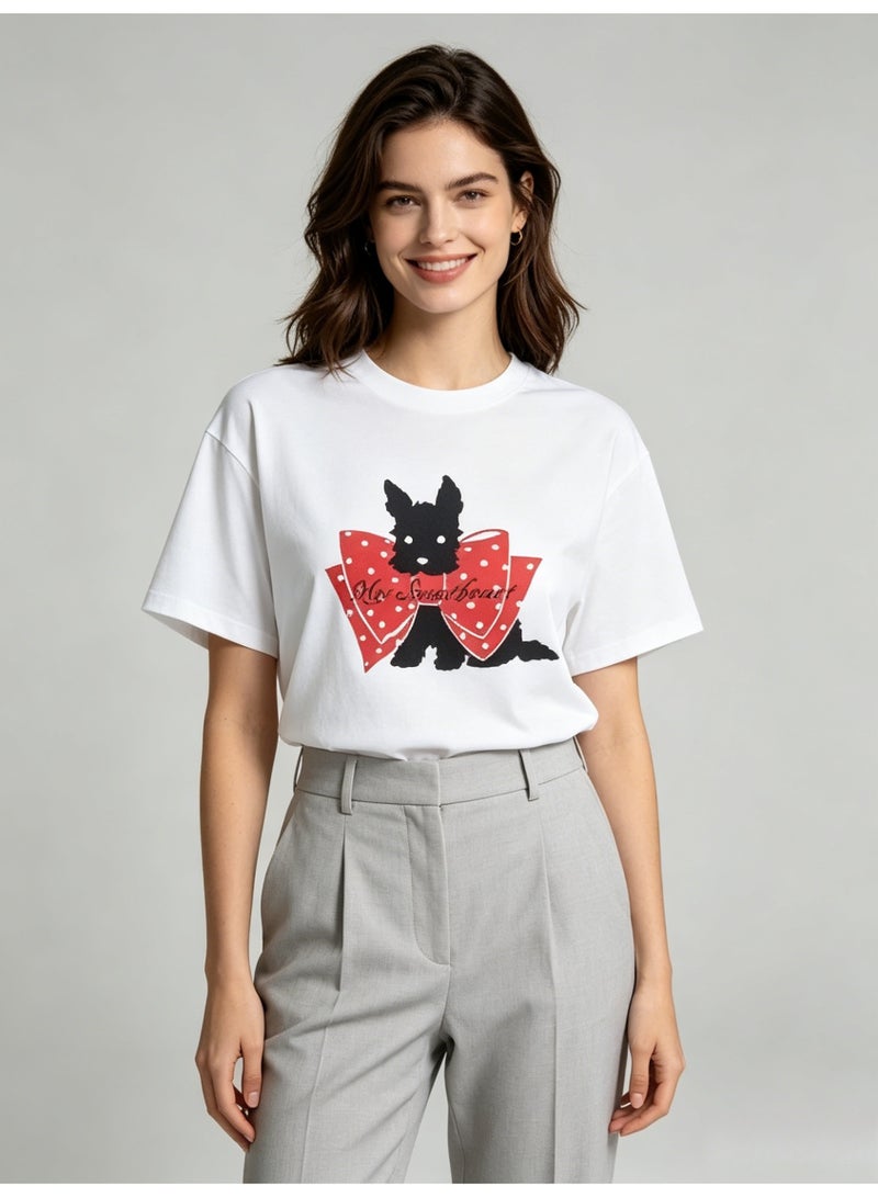 زارا ZARA Women’s White Crew Neck Short Sleeve T-Shirt with Scottie Dog & Red Polka Dot Bow Print - Image 4