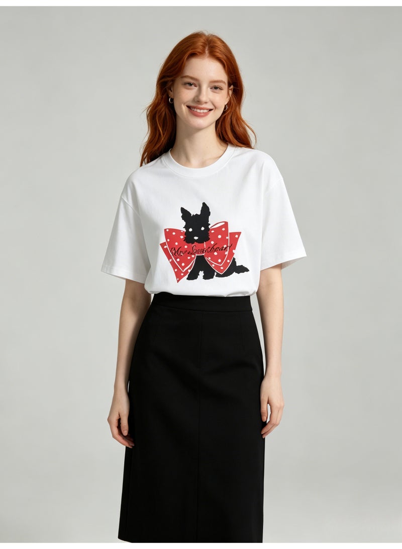 زارا ZARA Women’s White Crew Neck Short Sleeve T-Shirt with Scottie Dog & Red Polka Dot Bow Print - Image 2