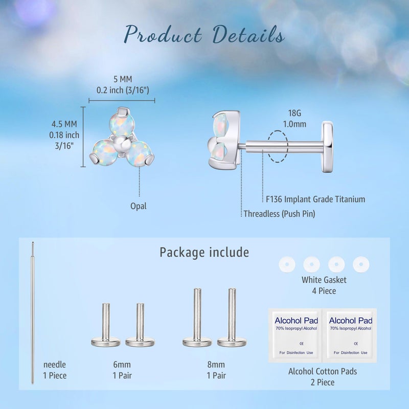 Limerencia Titanium Trinity Opal Silver Earrings, Unisex, 6mm and 8mm Sizes, Secure Flat-Back Design, Nickel-Free, Suitable for Sensitive Ears - Image 2