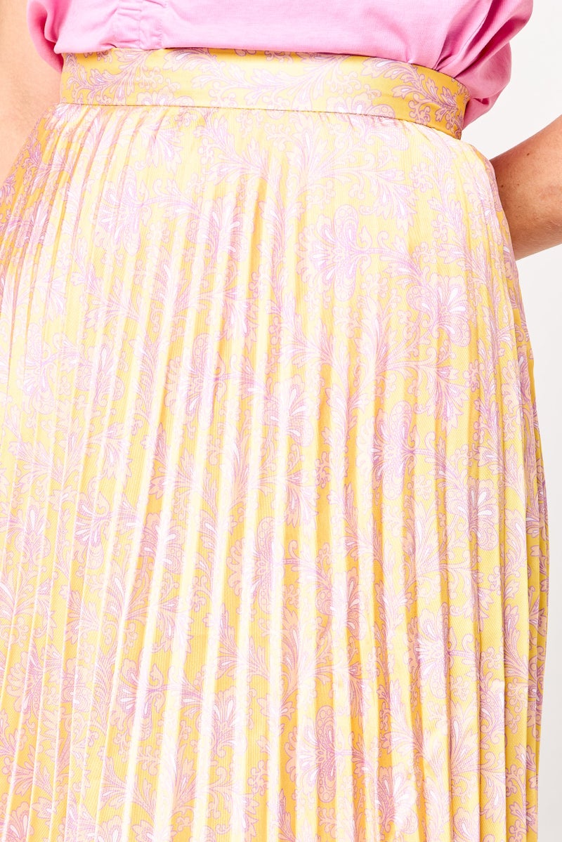 Sandro Women Floral Print Pleated Skirt, Gold  - Image 3