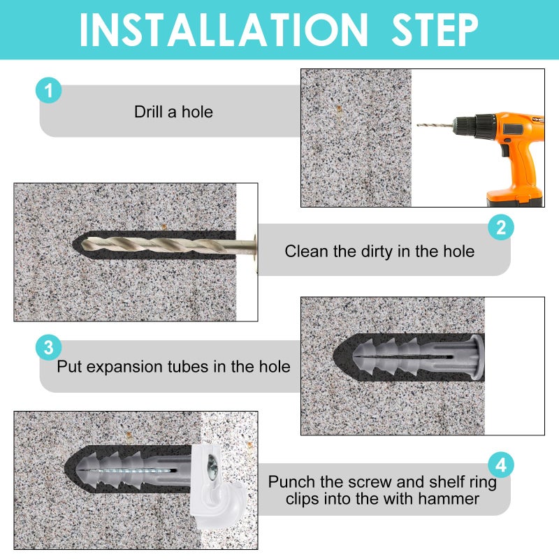 Oudain 64 Pack Down Wall Clip Closet Shelves Clips Wire Shelf Loop Clips Plastic Wire Wall Shelf Clips Screws And Expansion Tubes For Wire Shelving (White) - Image 4