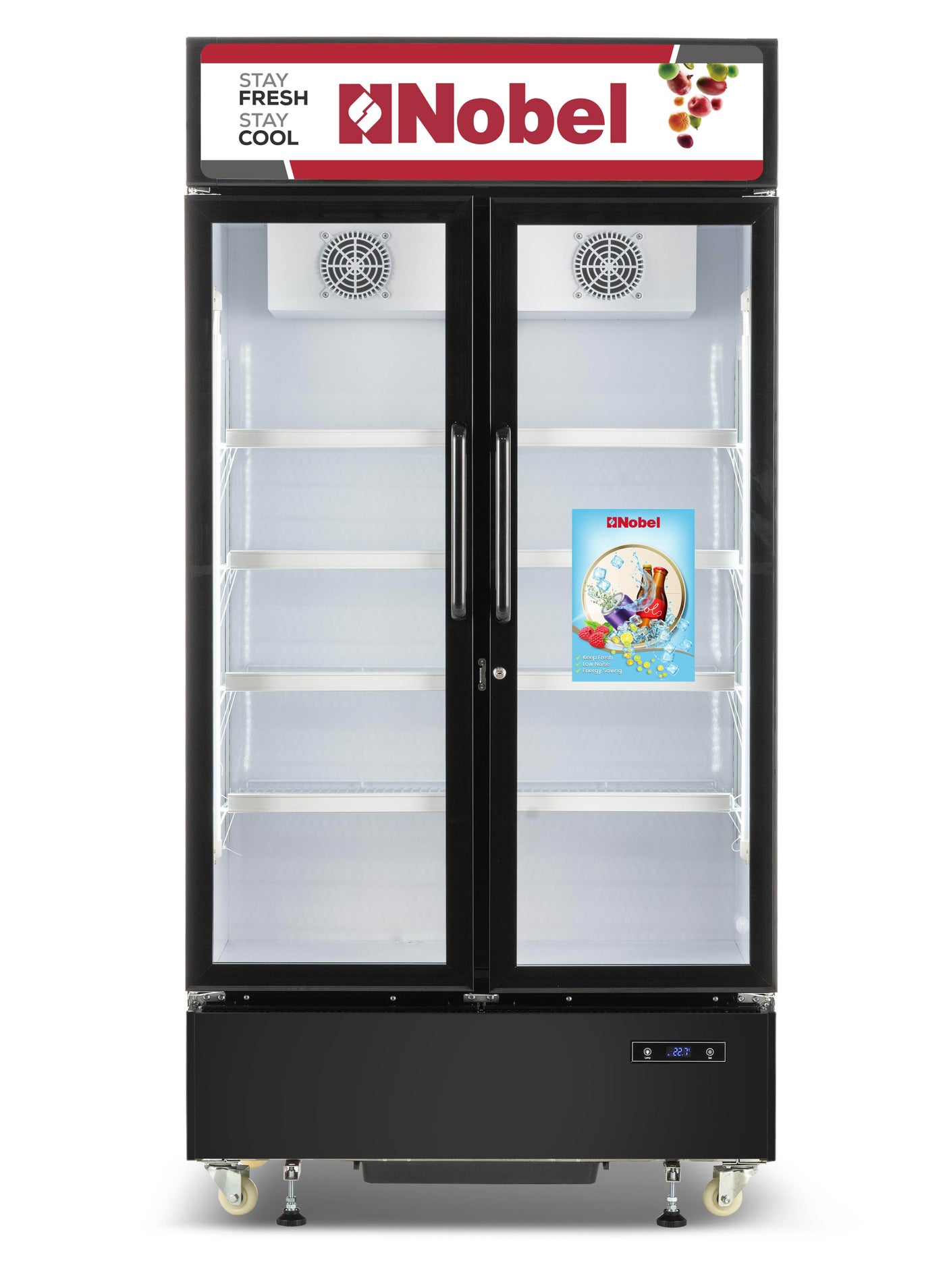 1000L Double Door NoFrost Commercial Refrigerator with Digital LED Display, R290 Refrigerant, Electronic Thermostat, Glass Doors, and Secure Lock – High-Capacity Cooling Solution for Restaurants, Supermarkets, and Commercial Use - 1000 L 240 kW NSF1350 Black