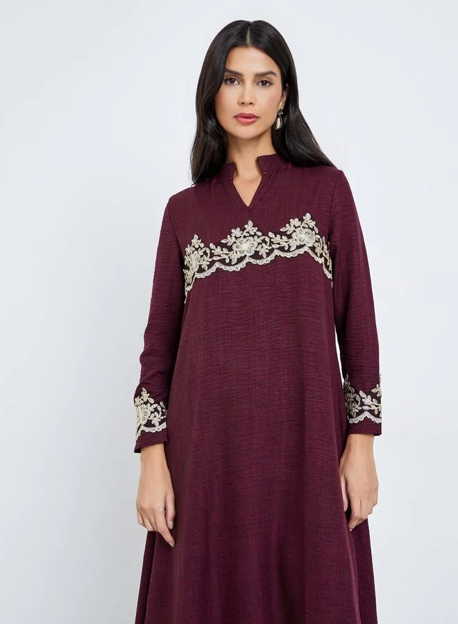 Amirah Amirah Burgundy Textured Lace Insert Jalabiya