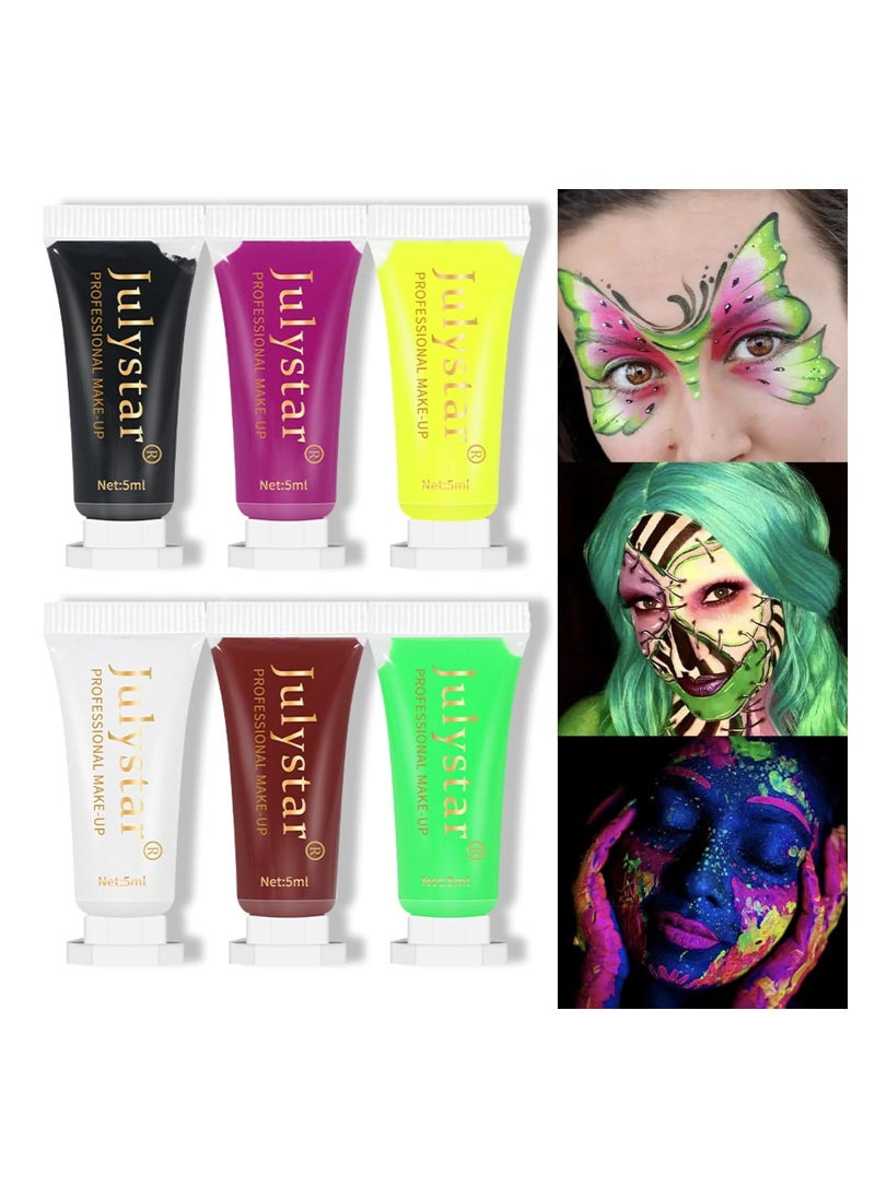 Face Body Glow in the Dark Paint Set 6 Pcs Black Light Reactive Neon Paints Water Soluble Fluorescent Graffiti Paint for Party Rave Art Graffiti - Image 1