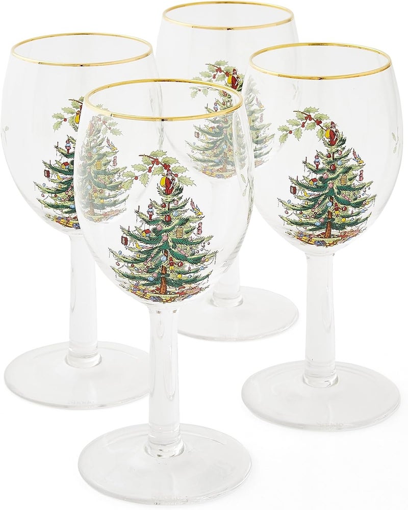 Spode Christmas Tree 13oz Wine Glasses Set of 4  Festive Holiday Drinkware with GoldRimmed Seasonal Designs Ideal for Red or White Wine at Christmas Dinners and Family Gatherings - Image 1