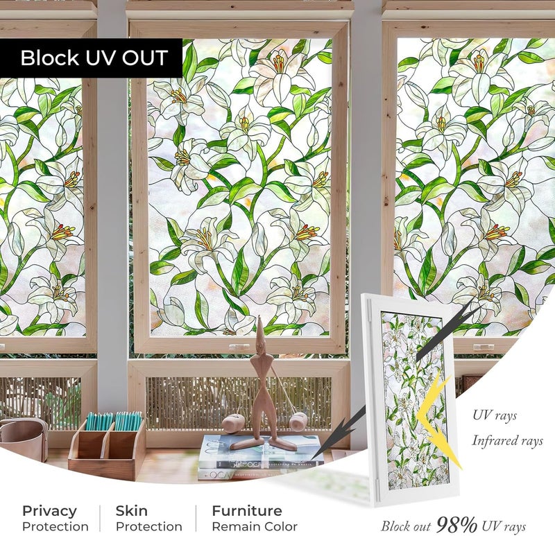 ADD.HERES 3D Stained Glass Window Film, Decorative Window Privacy Film for Bathroom, Front Door, Home, Sun Blocking Heat Control, Static Cling,White Lily 17.3inch x 47.2inch - Image 5