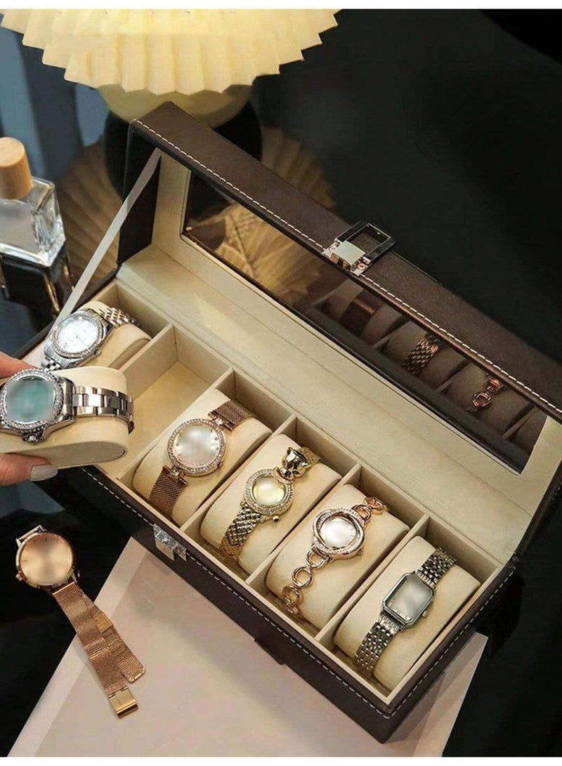 Elegant 6-Slot Watch Organizer Box – Luxurious Faux Leather Design with Glass Lid, Velvet-Lined Interior, and Secure Flip-Top Closure, Perfect for Watch Collections and Jewelry Storage - Image 5