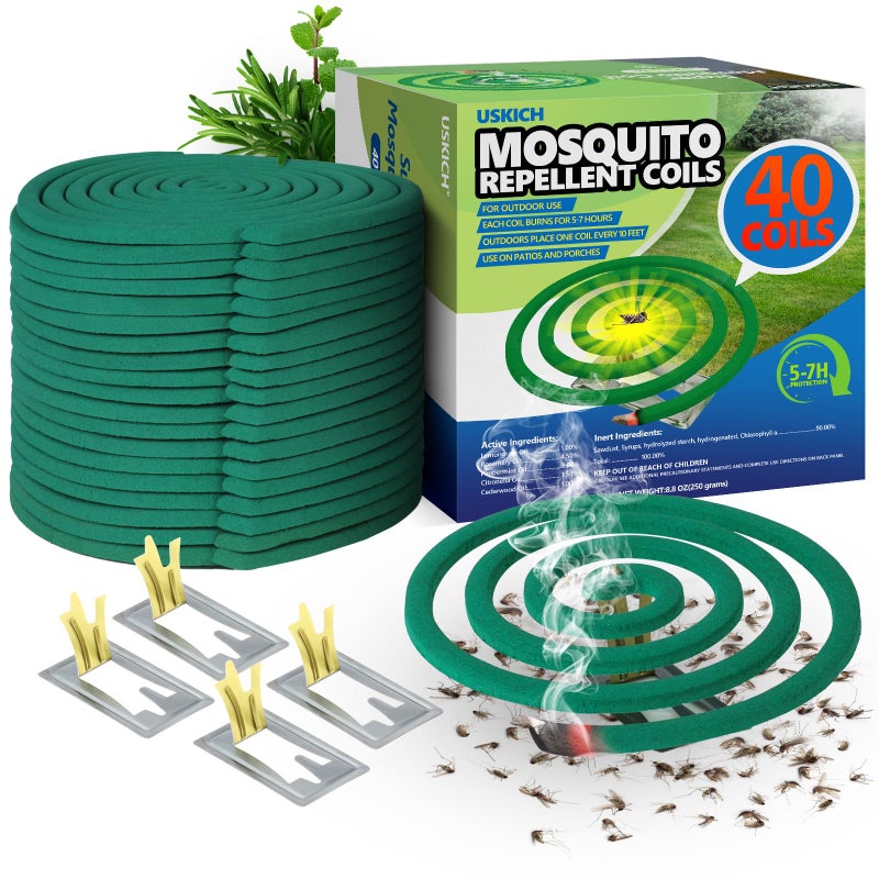 USKICH Mosquito Coils Outdoor Patio Fresh Scent,Use Reaches Up to 10 feet, Each Mosquito Coil Burns for 5-7 Hours (Contains 40 coils & 4 Stands) - Image 1