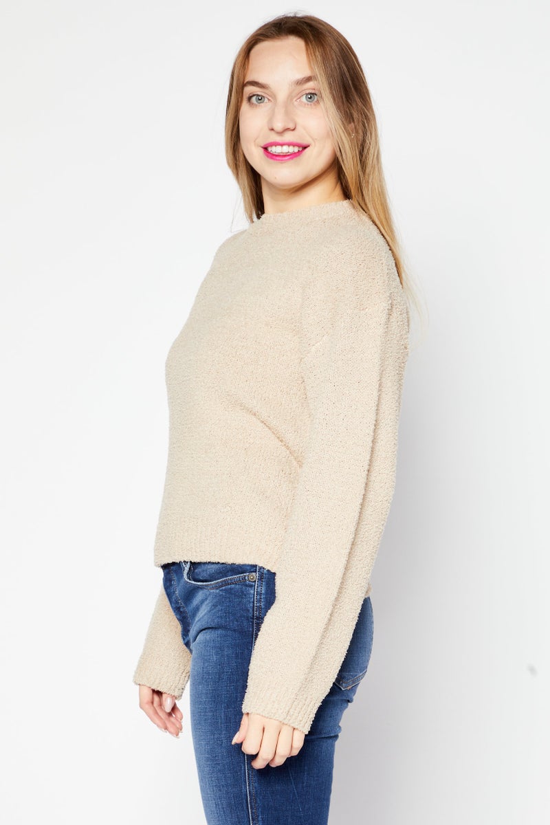 BRAVE SOUL Women Crew Neck Long Sleeve Textured Sweater, Beige - Image 2