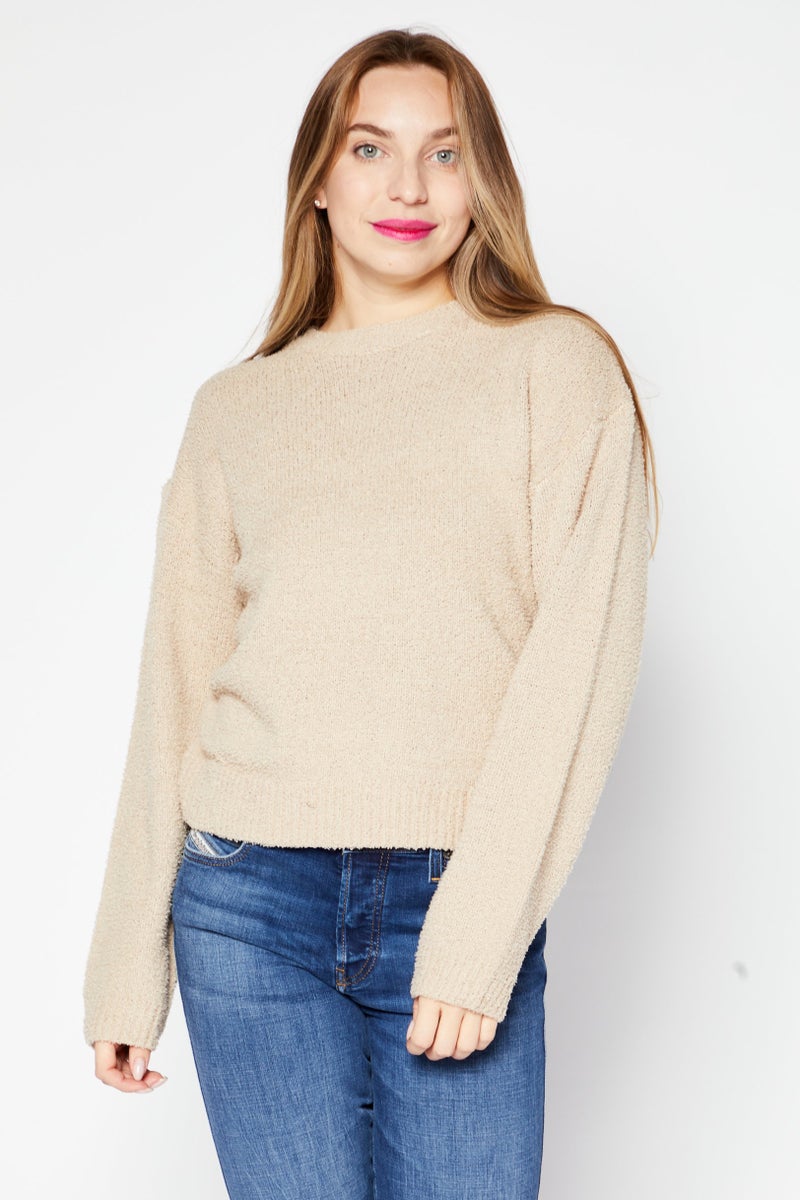 BRAVE SOUL Women Crew Neck Long Sleeve Textured Sweater, Beige - Image 1