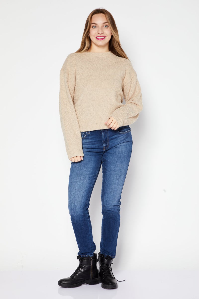 BRAVE SOUL Women Crew Neck Long Sleeve Textured Sweater, Beige - Image 4