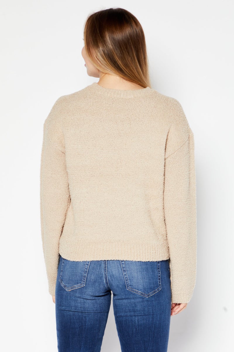BRAVE SOUL Women Crew Neck Long Sleeve Textured Sweater, Beige - Image 3