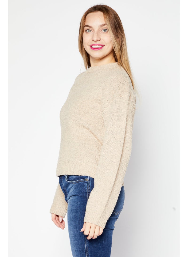 BRAVE SOUL Women Crew Neck Long Sleeve Textured Sweater, Beige - Image 5