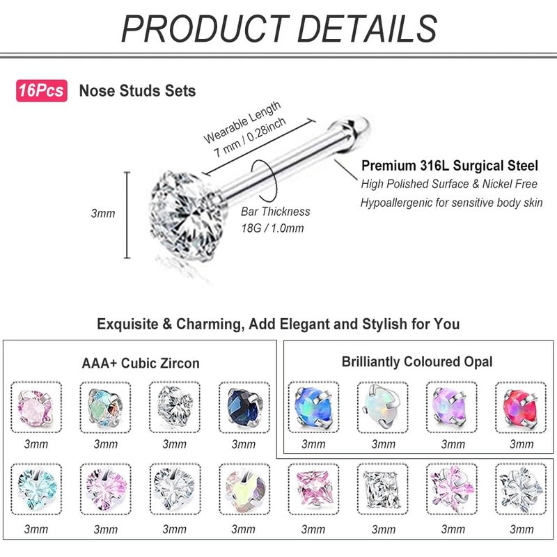 SEEDRILL Nose Rings Studs for Women 16Pcs 18G Nose Studs Hypoallergenic 316L Surgical Steel Nose Piercings Jewelry 3mm Colorful CZ & Opal Nose Ring Straight Nose Stud 18 Gauge Nose Screw Studs - Image 2