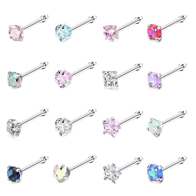 SEEDRILL Nose Rings Studs for Women 16Pcs 18G Nose Studs Hypoallergenic 316L Surgical Steel Nose Piercings Jewelry 3mm Colorful CZ & Opal Nose Ring Straight Nose Stud 18 Gauge Nose Screw Studs - Image 1