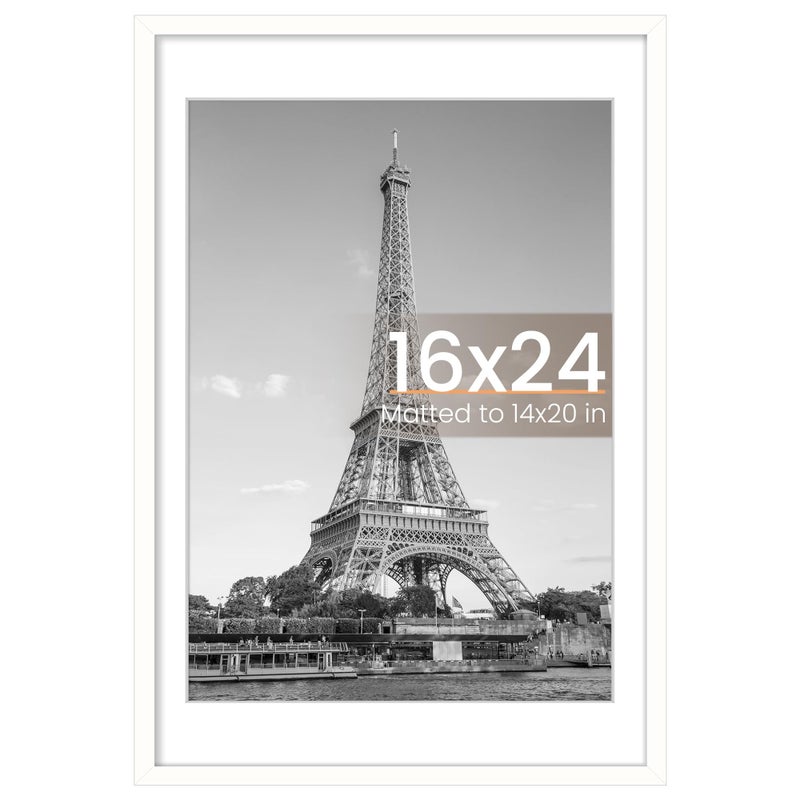 upsimples 16x24 Picture Frame, Display Pictures 14x20 with Mat or 16 x 24 Without, Wall Hanging Poster Frames, White, 1 Pack - Image 1