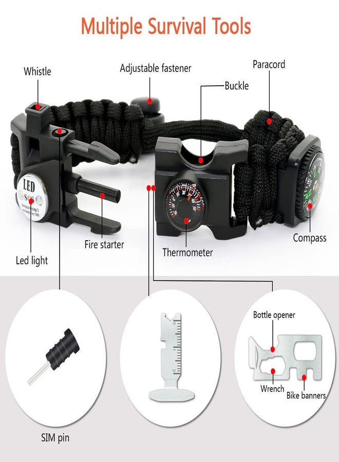 طقم أدوات النجاة NVioAsport 20 في 1، سوار باراكورد قابل للتعديل مع ضوء LED للطوارئ، وولاعة نار، وبوصلة كبيرة، وصفارة نجاة، مثالي للتخييم والمشي لمسافات طويلة وصيد الأسماك (أسود، قطعة واحدة) - Image 2